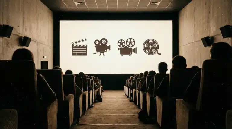 Salle de cinéma moderne avec icônes universelles du 7e art