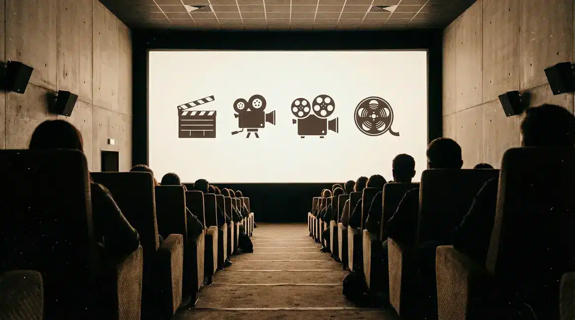 Salle de cinéma moderne avec icônes universelles du 7e art