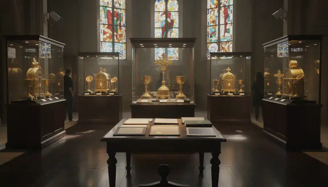 Salle collection art sacré objets religieux or vitraux documents
