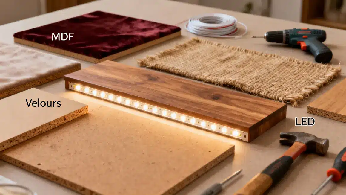 Tableau materiaux equipements tete de lit lumineuse MDF velours LED