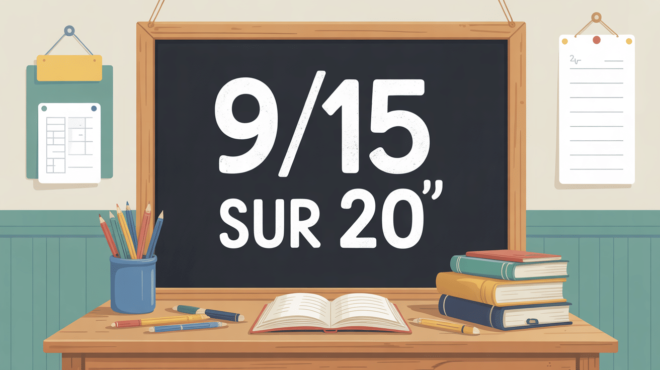 table d'ecole avec note 9/15 sur 20 au tableau