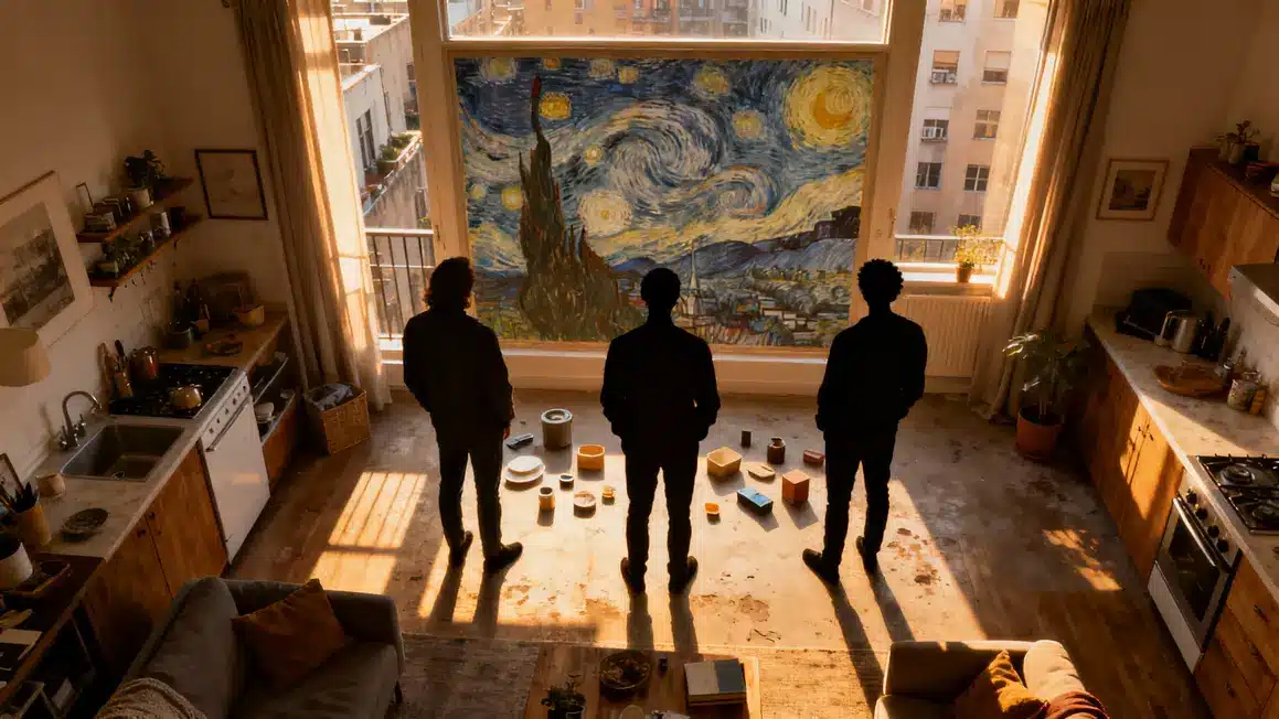 Trois personnes de dos recreent une oeuvre d art dans un appartement avec objets du quotidien