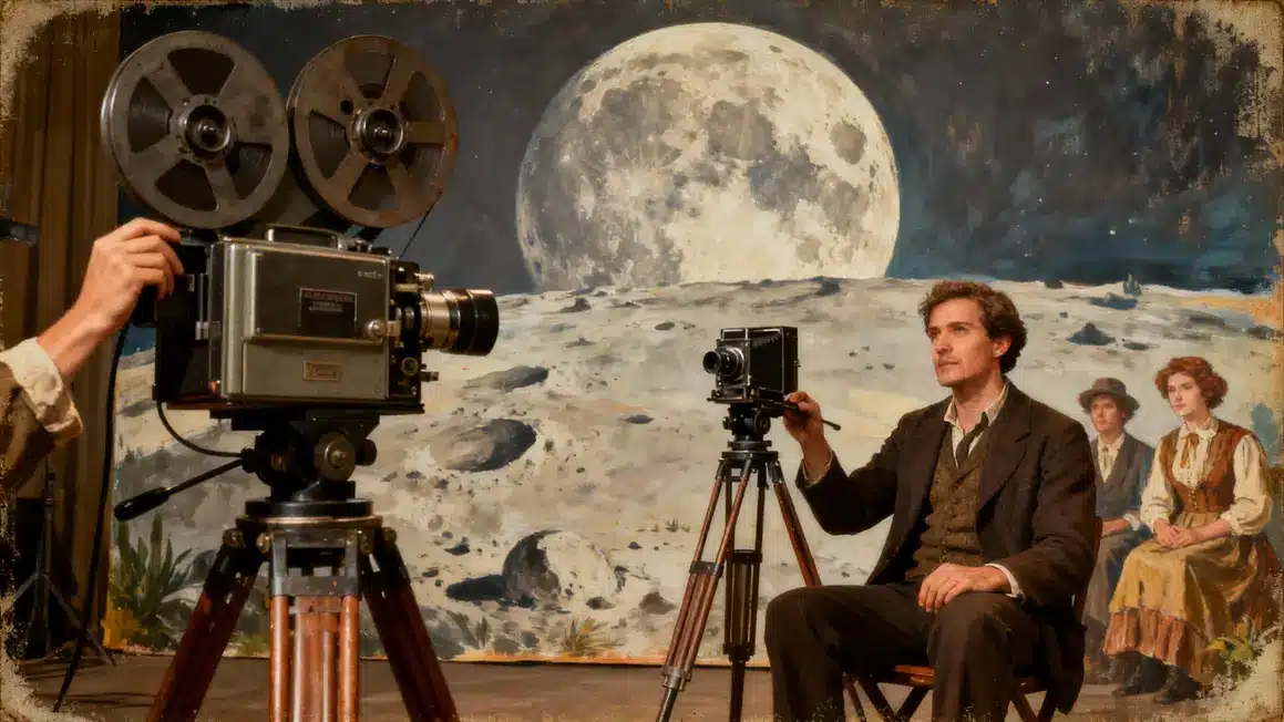 Plateau de cinéma rétro avec camera vintage et décor lunaire