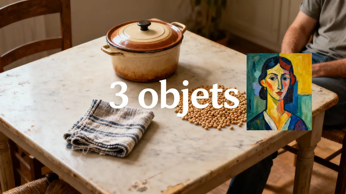Trois objets poses sur une table representant une oeuvre d art en version minimale