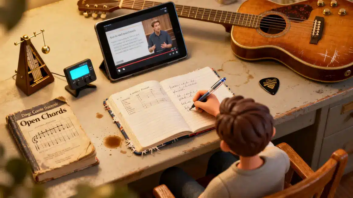 Bureau avec outils apprentissage guitare