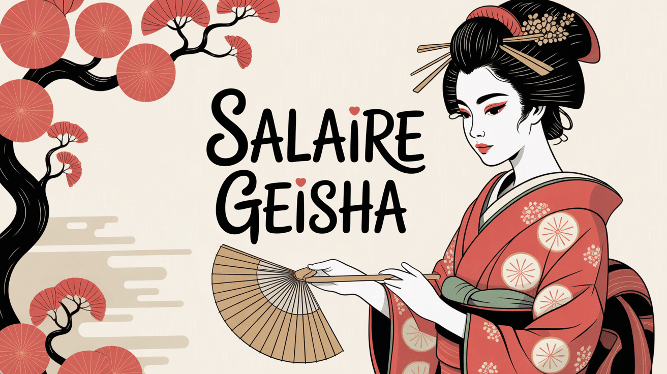 Silhouette de geisha en kimono, eventail, decor japonais, titre Salaire geisha