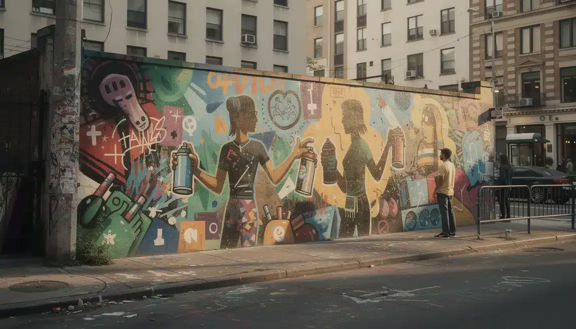 Fresque street art colorée silhouettes urbaines