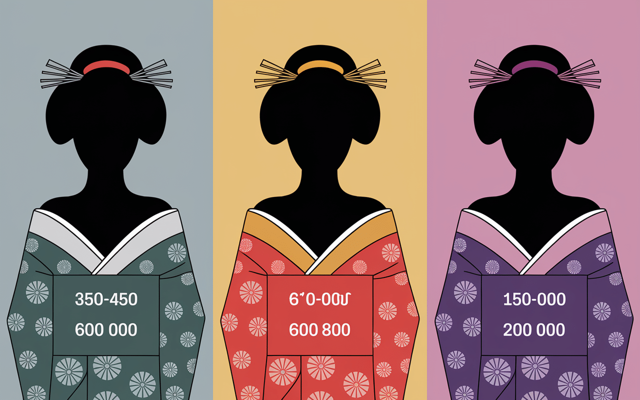 Tableau stylisé montants geisha, silhouettes dos, euros, kimonos