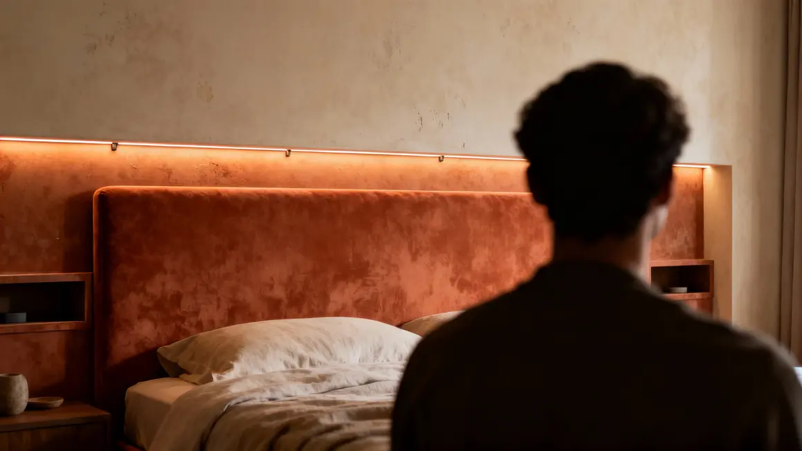 Chambre paisible tete de lit lumineuse LED velours terracotta