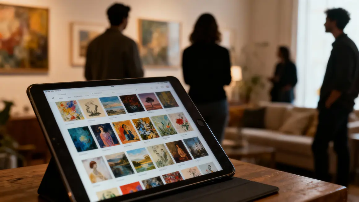 Tablette affichant galerie d'art, diversité d'œuvres acheteurs