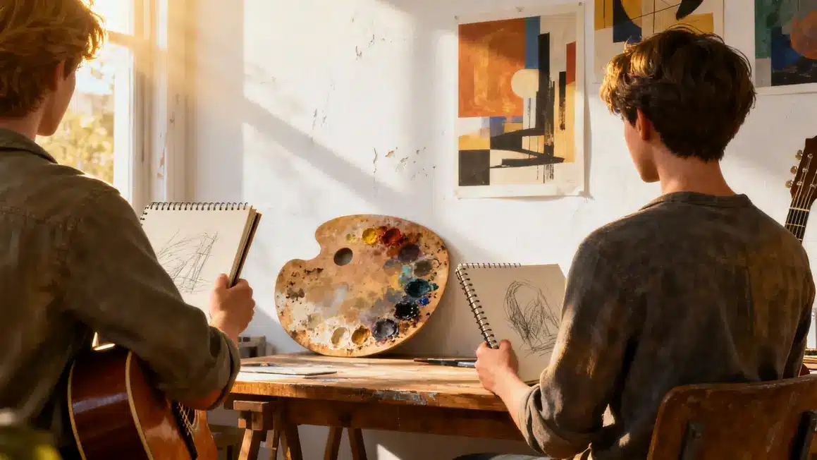 Atelier créatif carnet instruments et ambiance d’inspiration