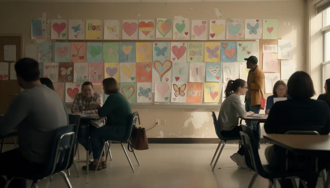 Salle collective au Canada avec dessins de soutien colorés