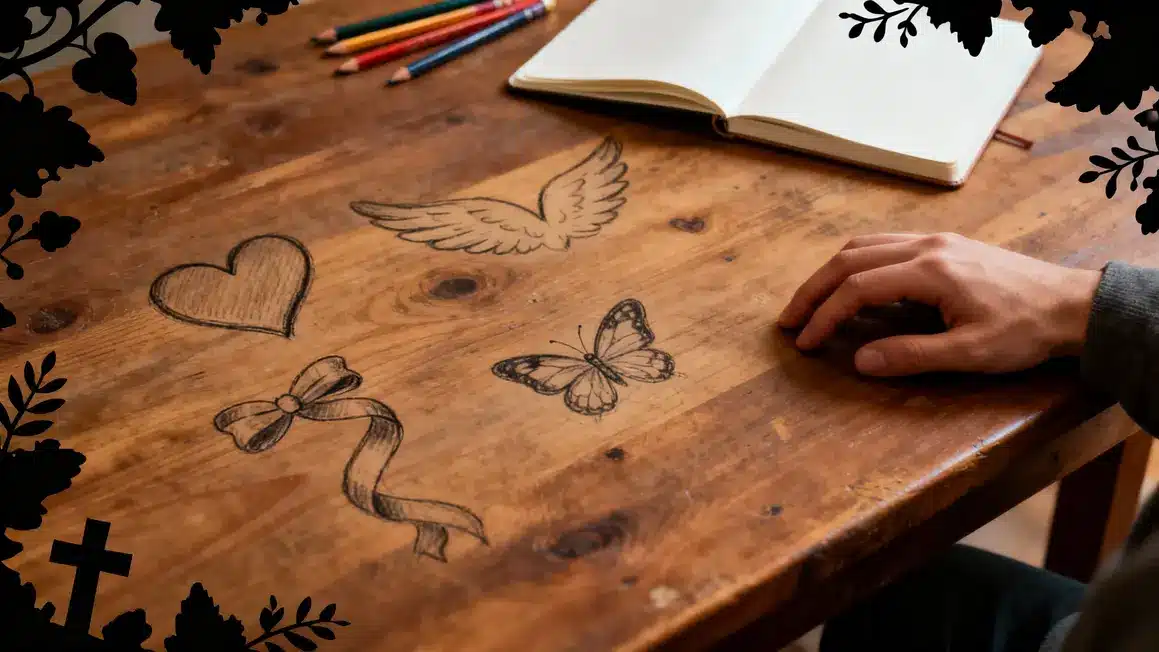 Table bois avec dessins de soutien, ambiance calme