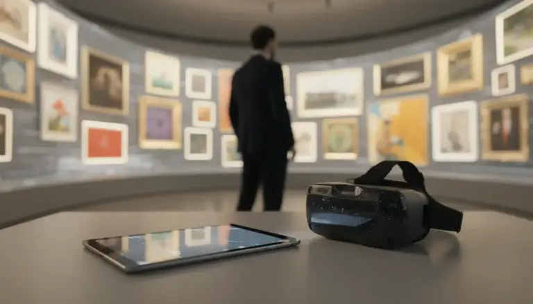 Personne utilisant tablette et casque VR dans galerie d'art virtuelle moderne panorama