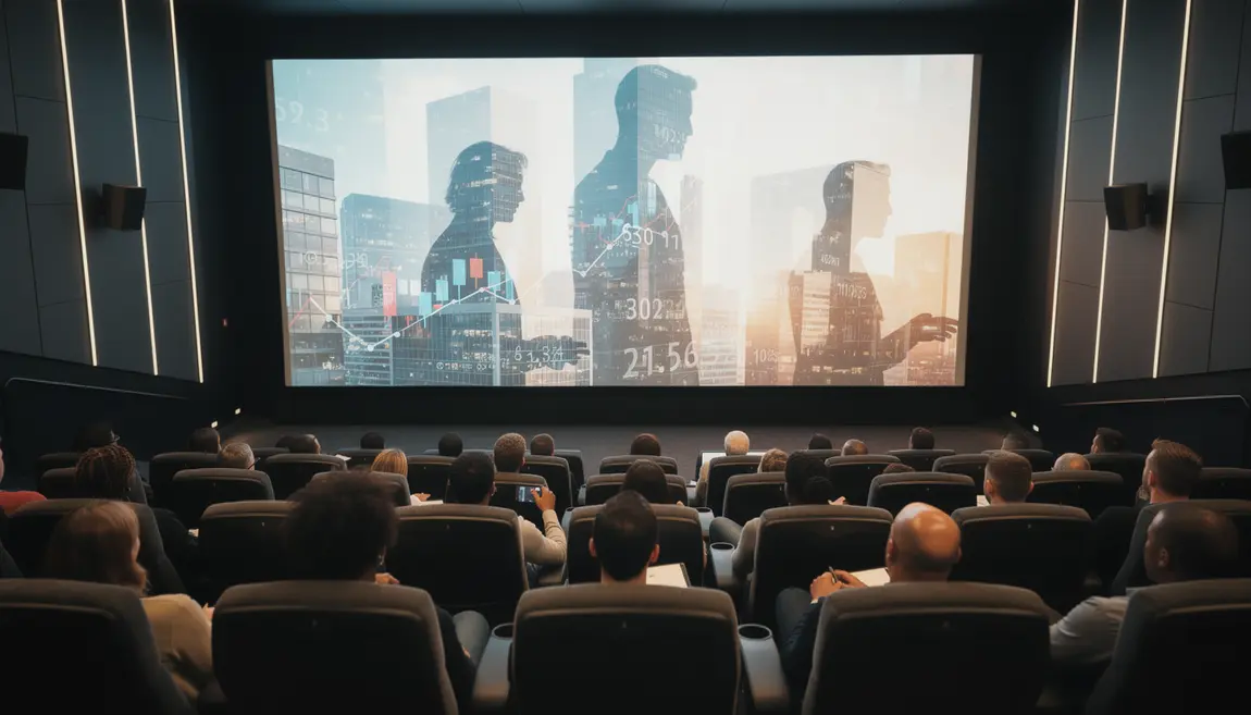 Ecran cinema chiffres boursiers graphique foule