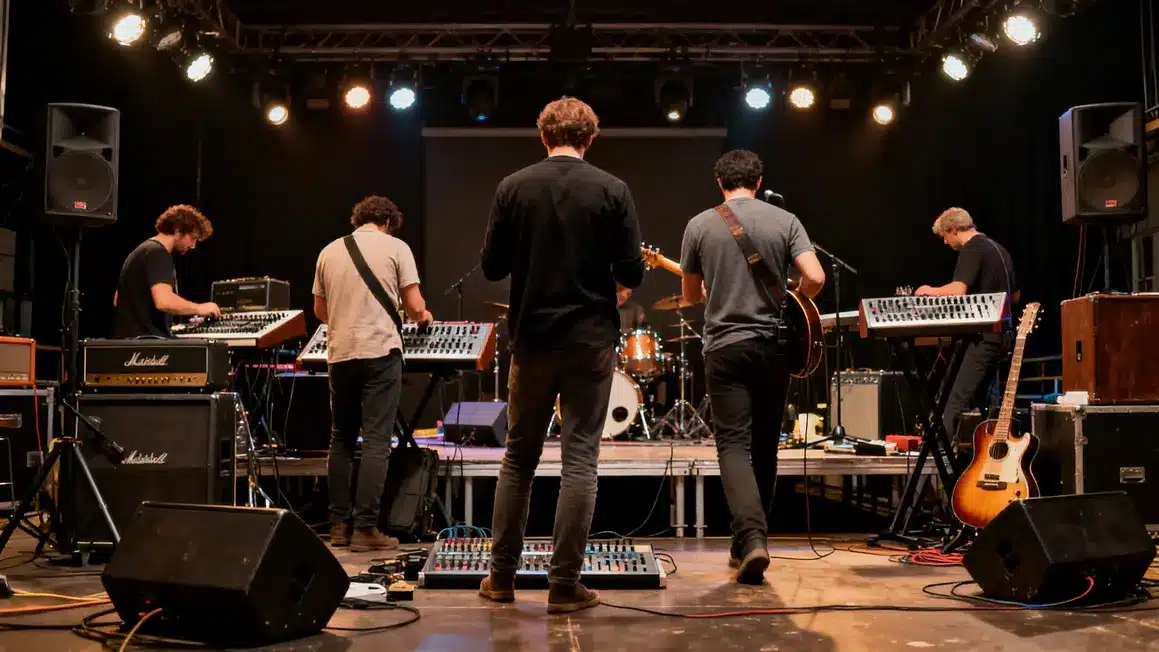 musiciens installent leur matériel sur scène à Toulouse