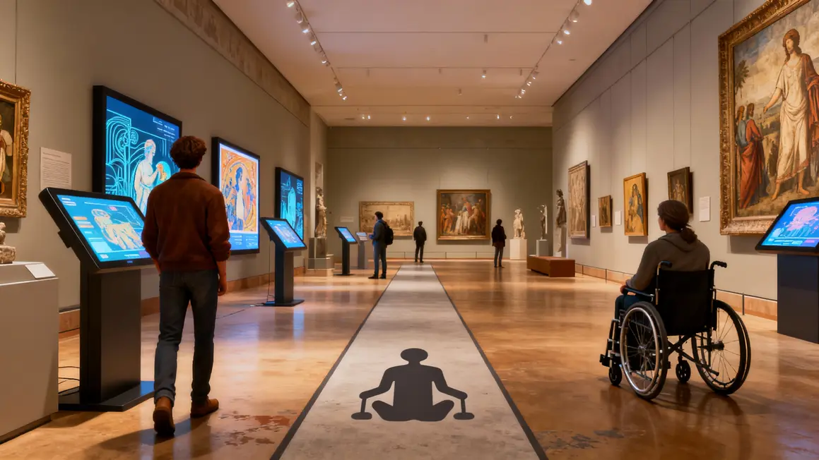 Salle de musée numérique, visiteurs dos, accès fauteuil roulant écrans interactifs