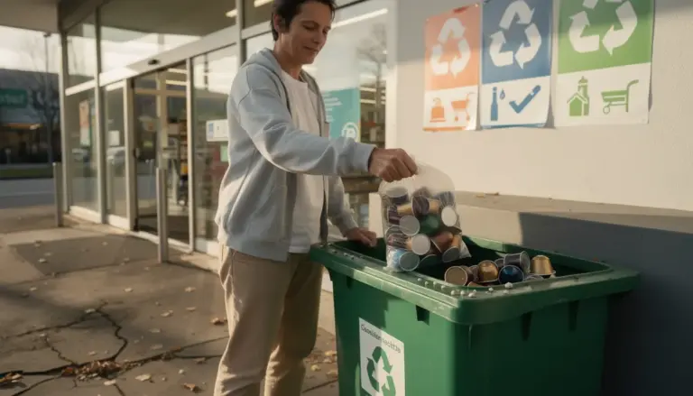 depot capsules cafe pour recyclage devant supermarche