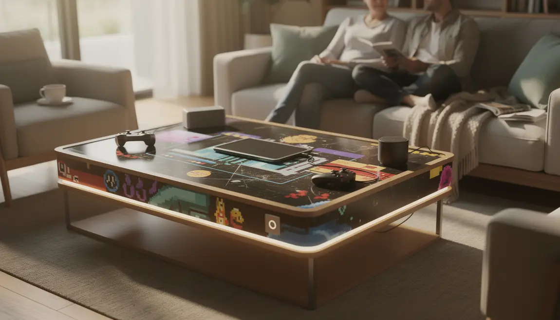 table basse pong interactive dans salon moderne