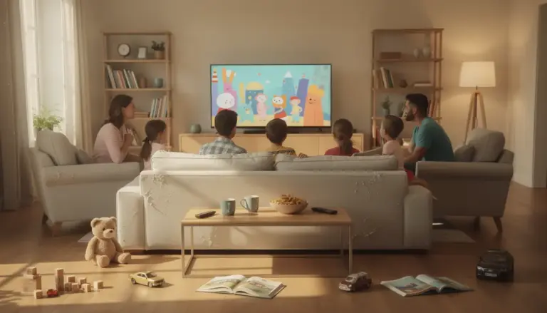 Famille regarde dessin animé T’choupi salon ambiance positive