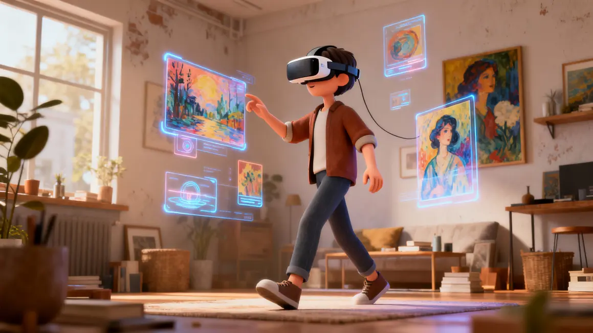 Utilisateur casque VR interagit avec hologrammes œuvres ambiance futuriste