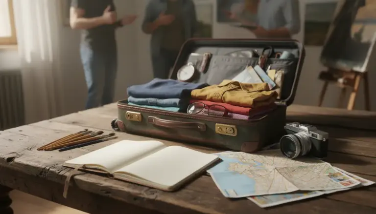 Préparation d’un voyage artistique avec valise carnet et pinceaux