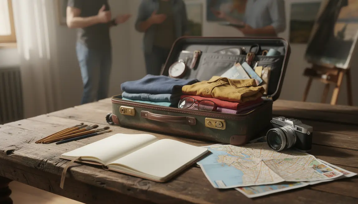 Préparation d’un voyage artistique avec valise carnet et pinceaux