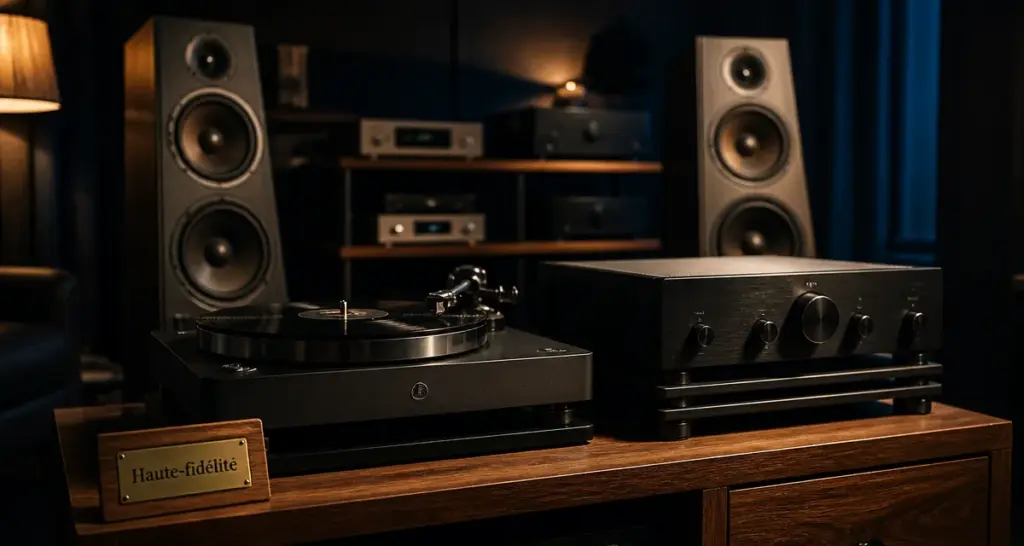 Chaine hifi haut de gamme : platine et amplificateur dans un salon audiophile premium