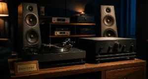 Chaine hifi haut de gamme : platine et amplificateur dans un salon audiophile premium