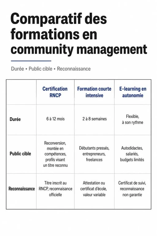 Infographie comparative des différentes options de formation en community management pour choisir son parcours professionnel.