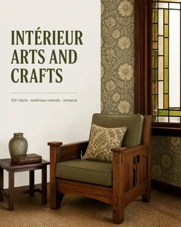 Arts and Crafts : intérieur historique avec mobilier artisanal, motifs floraux et matériaux naturels