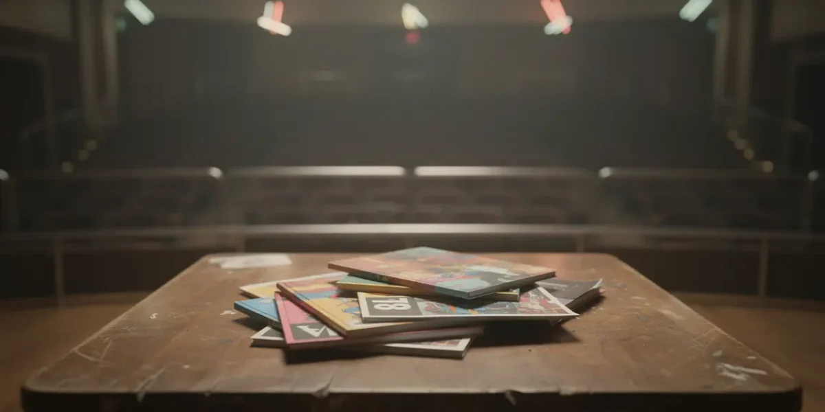 Pile de livres affiches Annulé sur table, salle vide