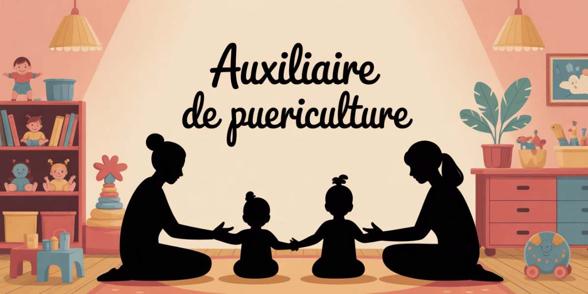 Illustration auxiliaire de puericulture en creche jouant avec enfants