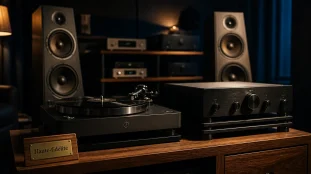 Chaine hifi haut de gamme : platine et amplificateur dans un salon audiophile premium