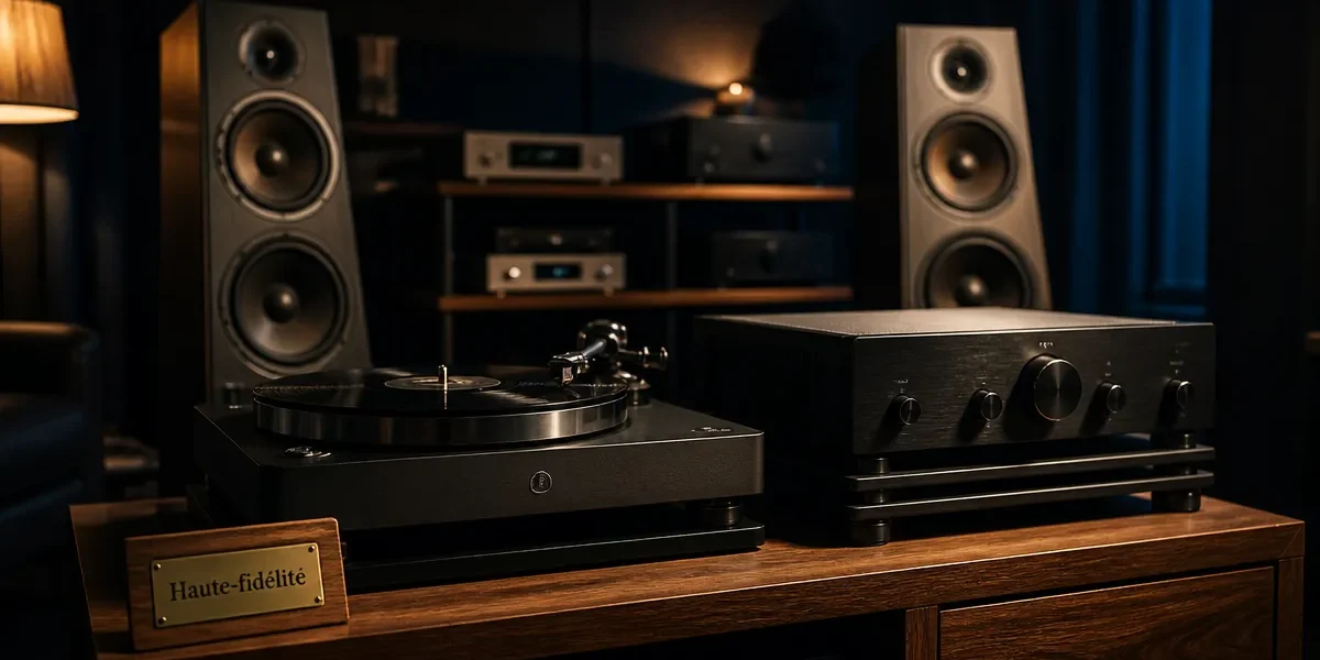 Chaine hifi haut de gamme : platine et amplificateur dans un salon audiophile premium