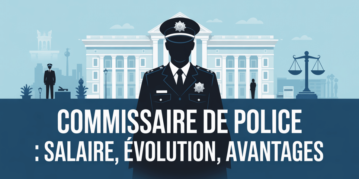 Commissaire de police devant bâtiment officiel, balance justice, texte grand format