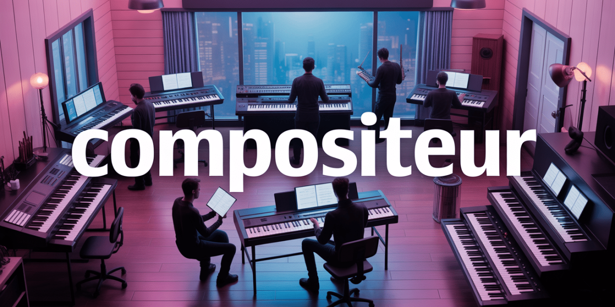 Studio musique moderne avec compositeur, ambiance créative