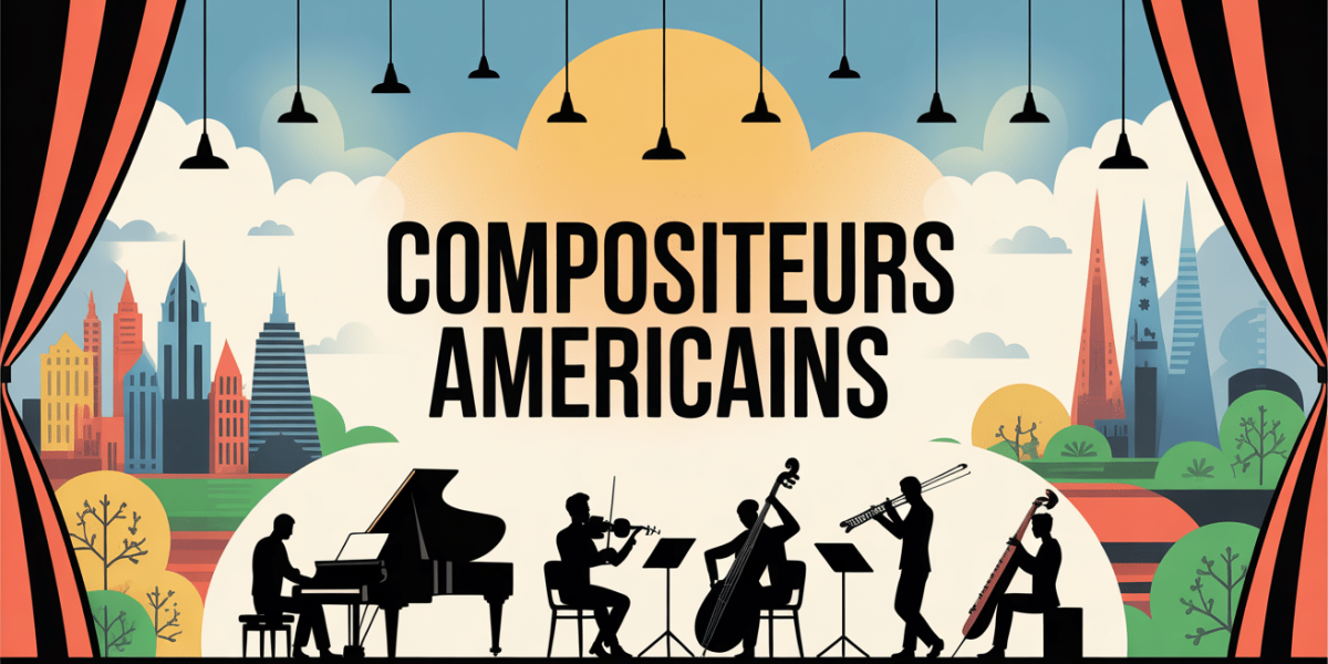 scène orchestre compositeurs americains silhouettes instruments villes