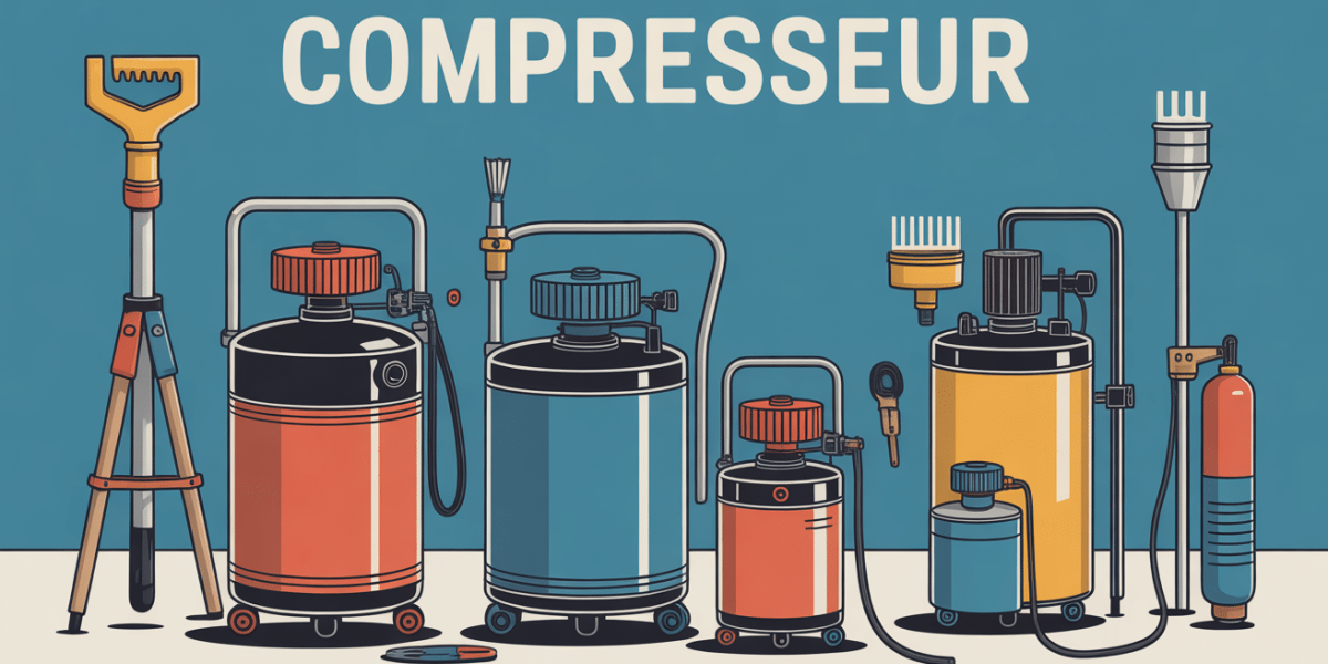 Illustration de compresseurs et outils air comprimé dans atelier moderne