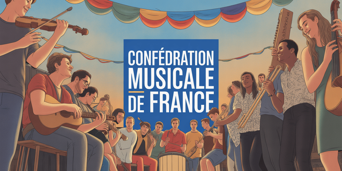 Illustration personnes instruments devant banniere Confederation Musicale de France