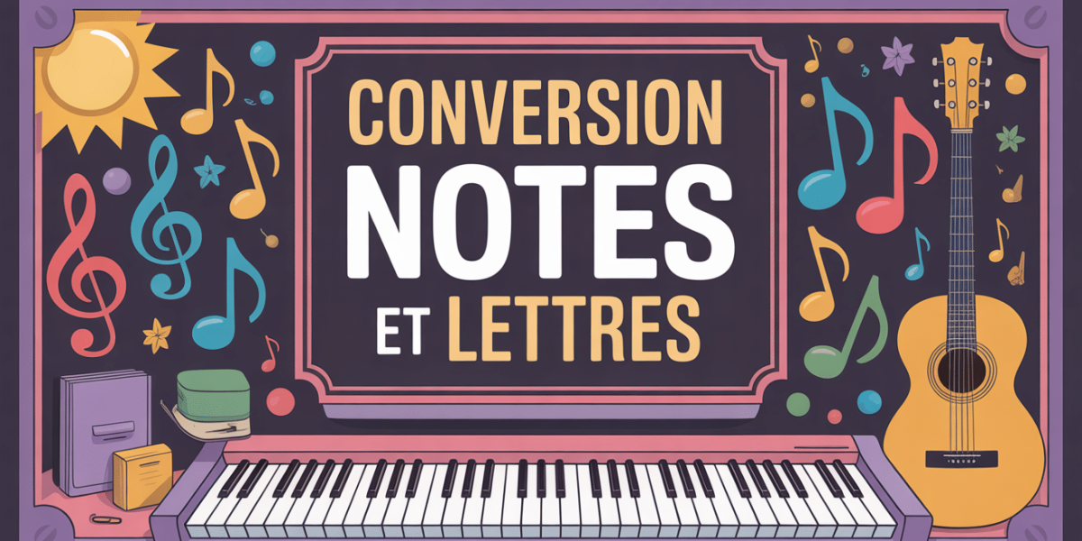 Tableau conversion notes françaises et lettres, instruments en fond