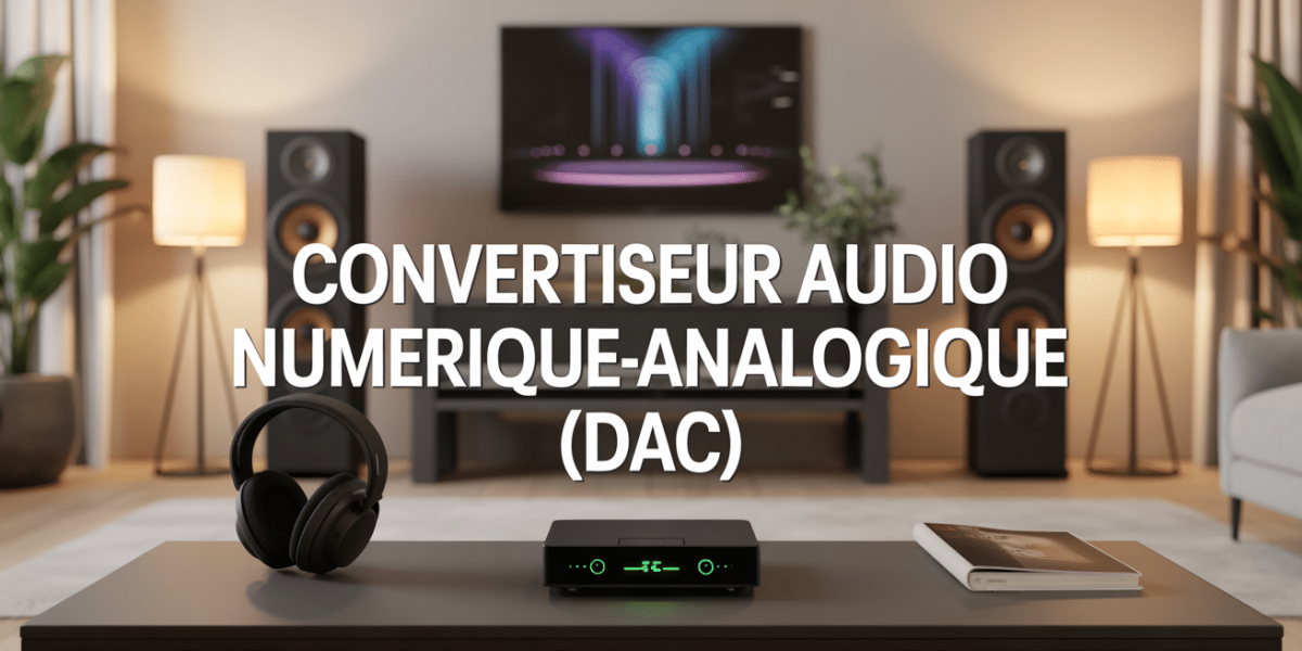 Convertisseur audio numerique analogique DAC sur table avec casque et enceintes