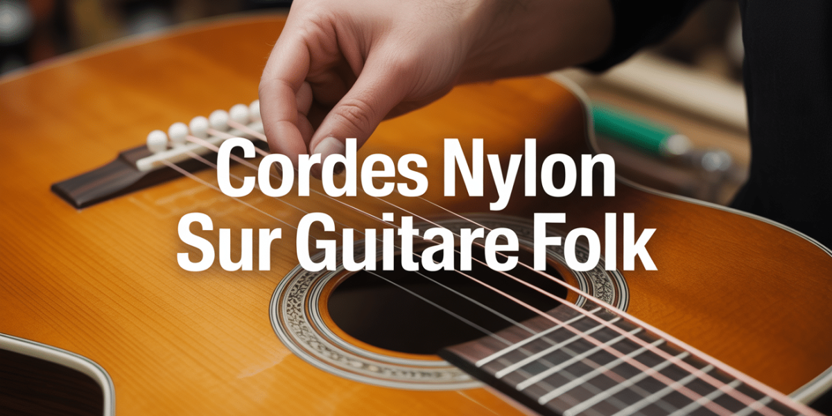 main posant cordes nylon sur guitare folk