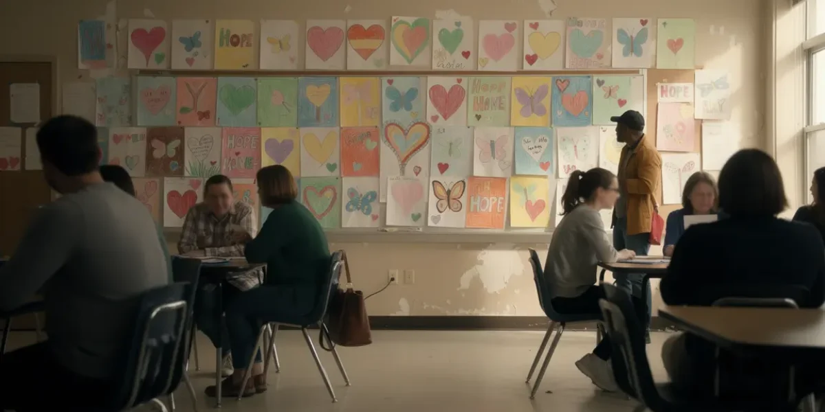 Salle collective au Canada avec dessins de soutien colorés