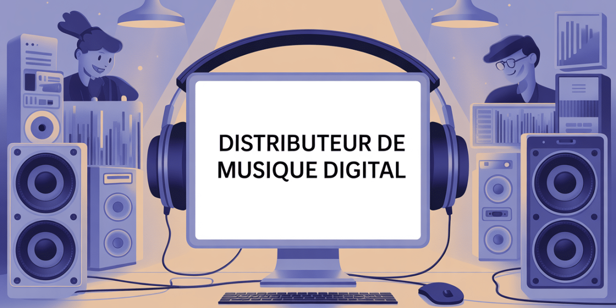 Illustration distributeur de musique digital ordinateur casques plateformes