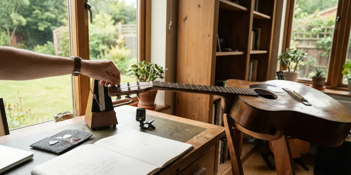 Guitare sur stand et accessoires apprentissage guitare