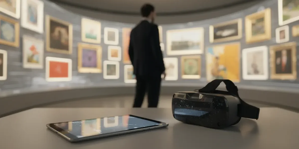 Personne utilisant tablette et casque VR dans galerie d'art virtuelle moderne panorama
