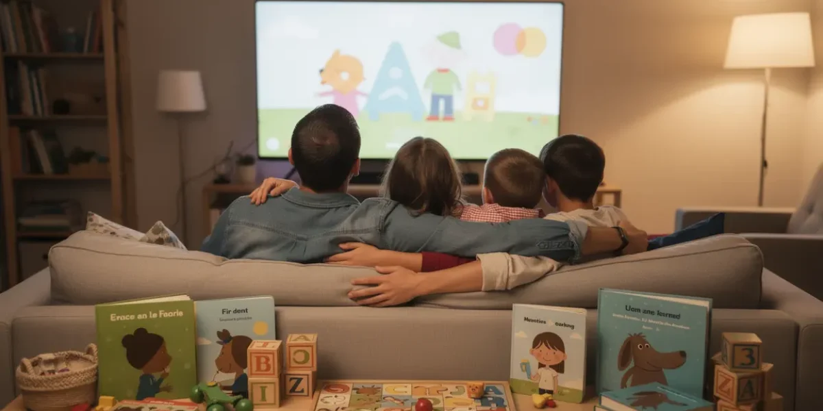 Famille réunie devant écran avec dessins animés et livres