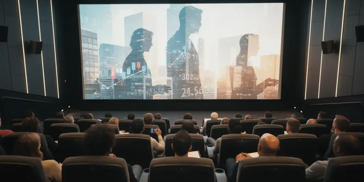 Ecran cinema chiffres boursiers graphique foule