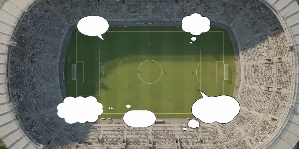 vue du stade football avec bulles bande dessinee